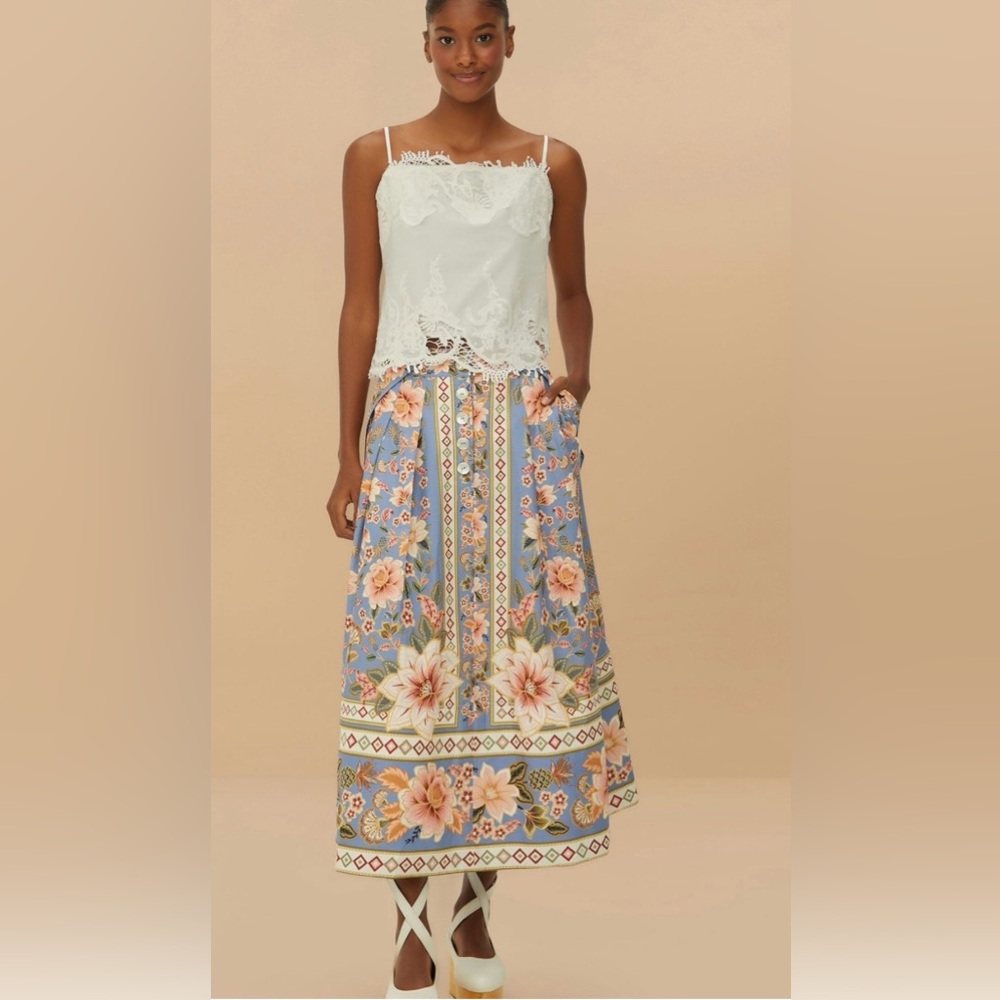 FARM Rio NWT Blue Superbloom Tapestry Buttoned Maxi Skirt